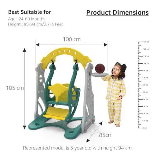 Image of Amazon Brand - Solimo (Penguin) Swing for Indoor & Outdoor Use I Swing for Age 1-4 Years I Ideal for Boys & Girls | with Climbing Frame and Basketball | Easy Assembly (Yellow & Green)