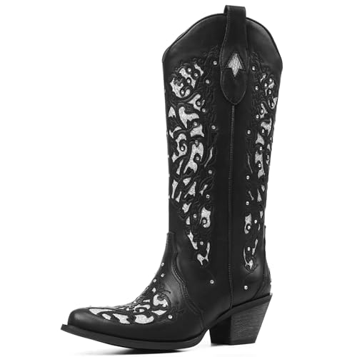 SaraIris Black Cowgirl Boots for Women Cowboy Boots Western Boots Chunky Heel Pointed Toe Pull On Rhinestones Knee High Boots 6