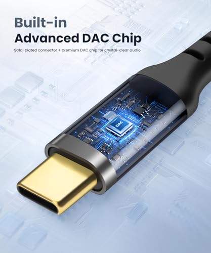 Image of USB C to 3.5mm Audio Adapter Cable, DAC Chip, Nylon Braided Type-C to Aux Stereo Converter with Gold-Plated Connector, Hi-Res Sound, 13cm - Grey