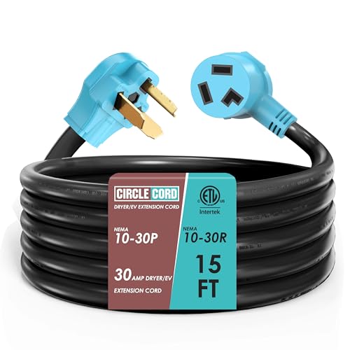 CircleCord 3 Prong 15FT Dryer/EV Extension Cord 30 Amp NEMA 10-30P/R Suit for Level 2 EV Charging and 3 Prong Dryer 125V/250V STW 10 Gauge