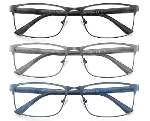 MODFANS Un Pack de 3 Gafas de Lectura Hombres Anti Luz Azul,Rectangular Metal Acero Inoxidable - Lente Clara,Vision Clara - Ligeras Comodas,Colores Mezclados