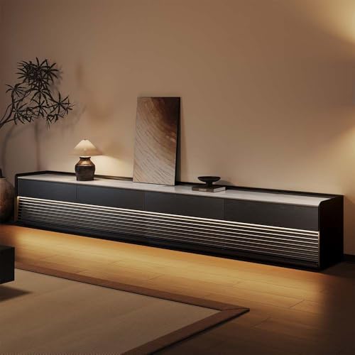 Image of POVISON Fully-Assembled Mid Century Glossy Sintered Stone TV Stand, 118.11 inch Wood Media Console with Adjustable LED Light, Entertainment Center with Storage for Living Room(Black)