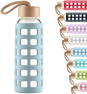 Cleesmil Sports Glass Water Bottle with Silicone Sleeve with Bamboo Lid BPA Free 660 ml (Magenta)
