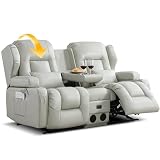 DRMBOOK Loveseat Rocker Recliner Sofa, Faux Leather Dual Reclining Couches with Console, Manual Reclinable Double Seat 2 Person Recliner, RV Movie Seating for Travel Trailers Living Room (Silver)