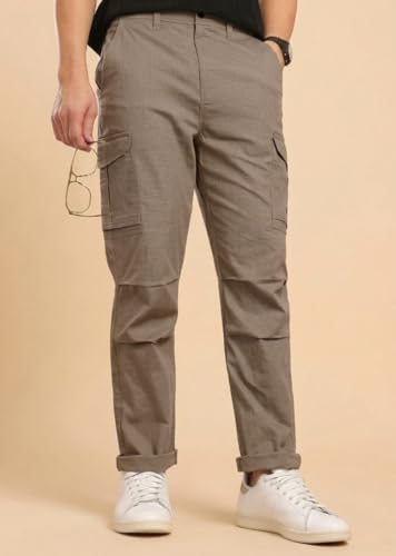 Image of Vogaan Men Cotton Linen Blend Cargo Pants | Mid Rise Regular Fit Casual Trousers | Multi Pocket Utility Bottom Wear | Comfortable Breathable Fabric Travel Outdoor Styling