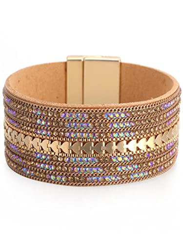 Long Tiantian Bohemian Bangle Leather Bracelet For Women Rhinestone Bangle Bracelet For Teen Girls Wide Edge Bracelet Leather Wrap Cuff Bracelet(Gold) #TOP6