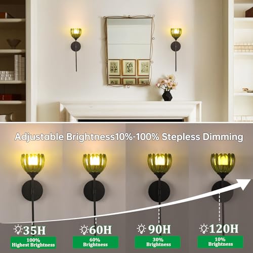 Image of Shenmoyl Battery Operated Wall Sconce Set of 2, Green Tulip Vintage Wall Light Fixture Rechargeable 5000mAh Battery Powered Wall Lamp with Remote for Living Room Bathroom, Black