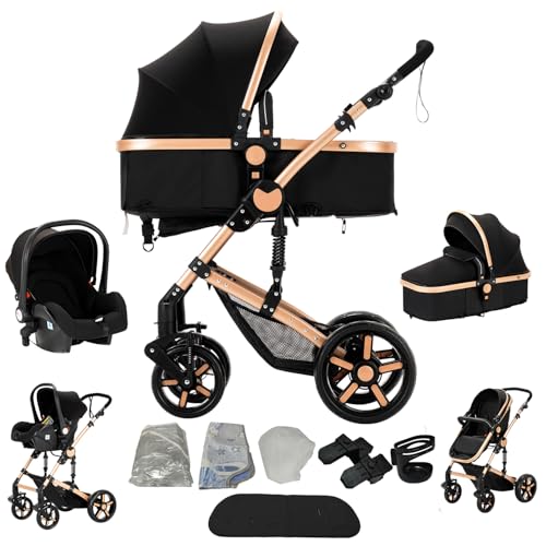 Veitoalioy Carrito Bebe 3 en 1, Portátil Cochecito Plegable, Carrito de Paisaje Alto Se puede empujar hacia adelante y hacia atrás, Cochecito de Bebé Conveniente y Multifuncional (588 Black Gold)