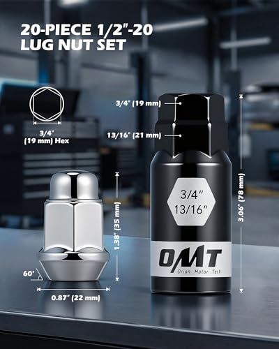 Image of Orion Motor Tech 1 /2 inch-20 Lug Nuts with Cone Seat, 3 /4 inch 19mm Hex 1.38x0.87 in. Chrome Plated Wheel Lug Nuts Compatible with Ford Mustang Explorer F-150 Dodge Ram 1500 Jeep Wrangler, Set of 20