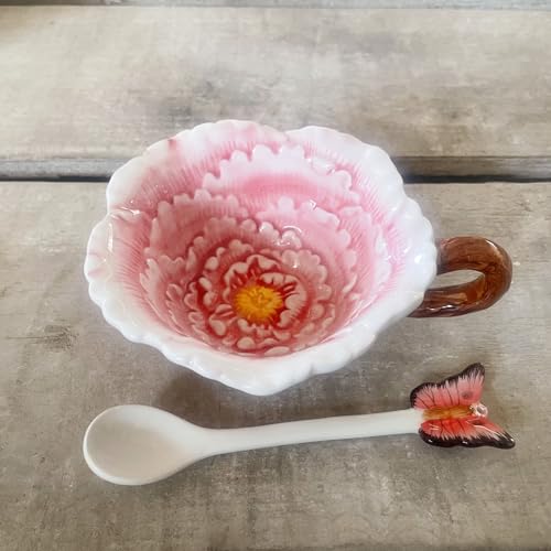 Minigift Ceramic Tea Cup And Saucer Set ,8Oz 3D Hand-Painted Peony Flower Coffee Mug,Gift For Women -Pink thumb #3