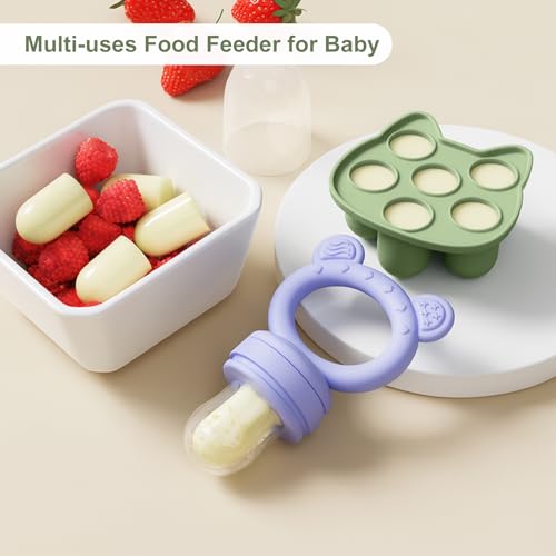 Image of Baby Breastmilk Popsicle Molds & Baby Fruit Feeder (4 Pack), Infant Food Freezer Tray Storage Containers, Silicone Teething Pacifier Feeder and Teether for Babies,Boys and Girls-Navy&Purple