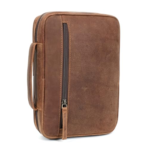 ELIZO Leather Bible Cover for Men Bible Case for Women Zippered Holder Protector Cross Church Tote Bag Carrying Organizer Sleeve Gift Study Saddle