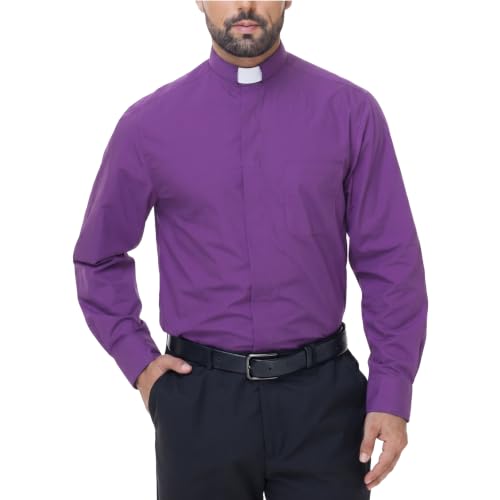 SANSHIWU Men's Long Sleeve Clergy Shirt Tab Collar Purple