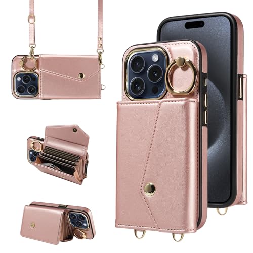 Étui portefeuille pour iPhone 15 Pro avec protection RFID et anneau rotatif 360°