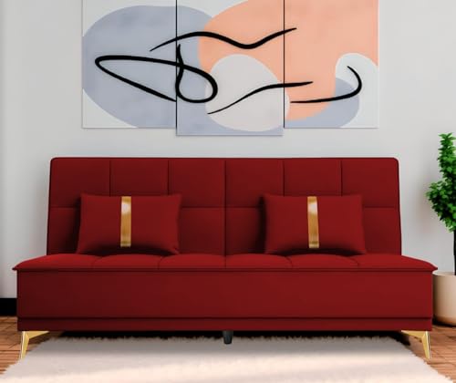 Image of Adorn India Premium New Alyssum 3 Seater Sofa Cum Bed 4X6 Velvet Suede with 2 Cushions (Color Red) and Suitable for All Indoor, with 3 Years Warranty
