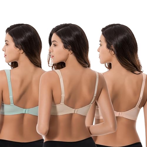 Image of Curve Muse Plus Size Minimizer Unlined Wireless Bra with Lace Embroidery-3Pack-Sage,Nude,Blush-34B