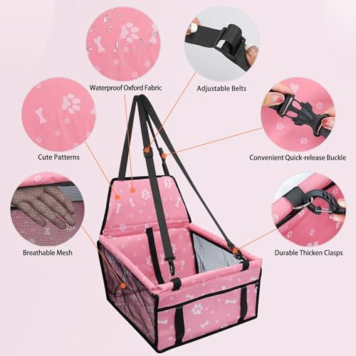 KUTKUT-Pet-Car-Booster-Seat-Travel-Carrier-Cage-Oxford-Breathable-Folding-Soft-Washable-Travel-Bags-with-Seat-Belt-for-Dogs-Cats-or-Other-Small-Pet-Pink-SIZE-40-x-34-x-25cm