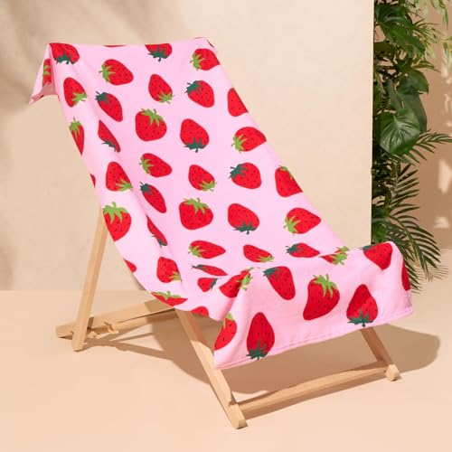 Dreamscene Kids Beach Towel Pink Strawberry Super Soft Quick Dry Towel for Girls Boys Beach Towel Microfibre Beach Holiday Essentials Travel Towels for Summer 71cm x 152cm