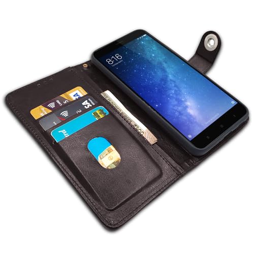 Image of Pikkme Mi Max 2 Flip Cover Leather Finish | Inside TPU with Card Pockets | Wallet Stand and Shock Proof | Complete Protection Button Flip Case (Coffee)