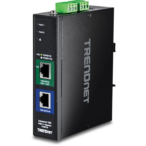 TRENDnet Injecteur industriel PoE++ 10G, TI-IG319, 1 port PoE++ 10 Gigabit (données + sortie PoE), 1 port 10 Gigabit (entrée de données), prend en charge PoE (15,4 W), PoE+ (30 W), conforme aux normes