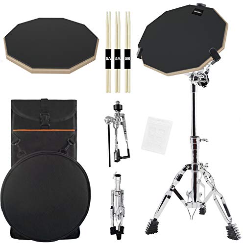 Silent Drum Practice Pad, 12 Inch Double Sided Drum Pad with Adjustable Snare Drum Stand and 3 Pairs of Drum Sticks for Drum Practice (Black)