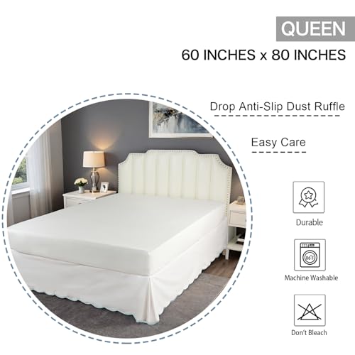 HIG Off White Chic Queen Bed Skirt - Easy Fit Scallop Edge Pleated Bedskirts, 14 Inch Drop Anti-Slip Dust Ruffle, Thick Fabric for Enhanced Privacy, Pre-Washed for Long-Lasting Use(N60022)