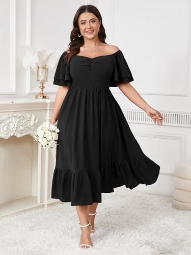 Image of SCOMCHIC Womens Plus Size Wedding Guest Cocktail Dresses Sweetheart Neckline Short Sleeve Smocked Ruffle Slit Maxi Dress
