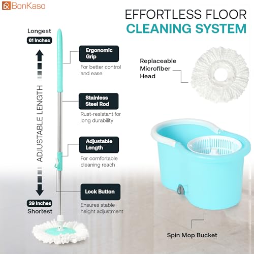 Image of BonKaso Plastic Spin Mop Bucket, Moppers for Cleaning Floor, Mop Set Extendable Handle, Removable Wringer 360 with Floor Cleaner Mopping Stick (Round Mop Set)