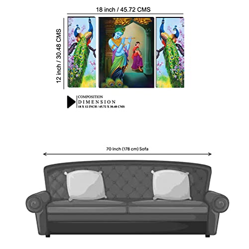 Image of Indianara Set of 3 Abstract Radha Krishna with Peacock MDF Art Painting (3821FL) without glass 4.5 X 12, 9 X 12, 4.5 X 12 INCH