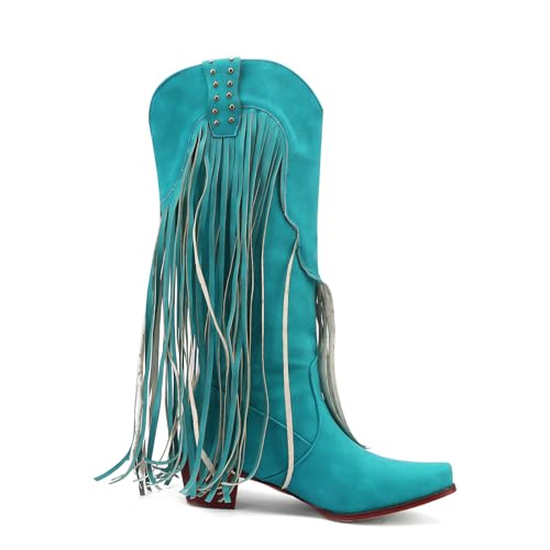 Image of KiutSymo Mid Calf Fringe Boots For Women Cowboy Pointed Toe Chunky Heels Cowgirl Western Tassel Boots