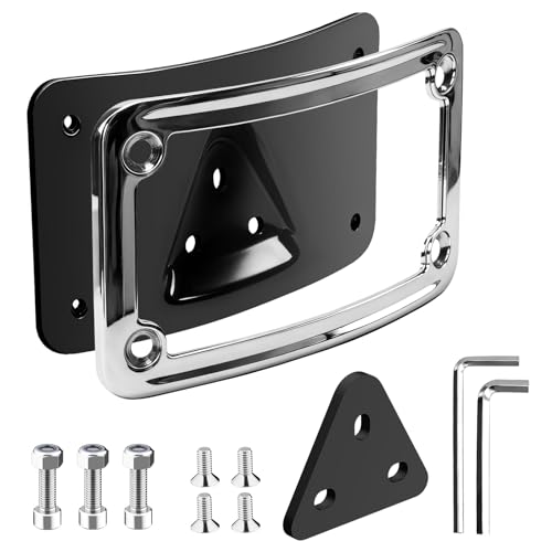 3148 Chrome 3 Hole Curved Laydown License Plate Mount Bracket w/Frame, Fit for All Harley Davidson Model w/Standard 3-Bolt Mounted License Plate Bracket, 02-08 VTX1800R/S/T, 03-09 VTX1300R/S/T