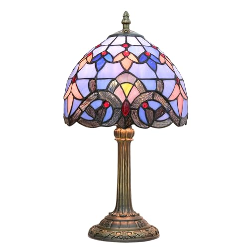 ge - Lámpara de mesa estilo Tiffany con vidrieras de 8 pulgadas de ancho y 15 pulgadas de alto, diseño floral rústico para dormitorio, sala de estar, hogar, oficina, iluminación barroca azul