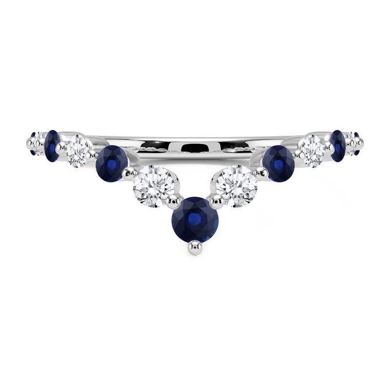 Alternate Blue Sapphire & White Diamond Chevron V Shape Wedding Band For Women, 14k White Gold Finish Blue Sapphire Matching Contour V Shape Ring - Main Image