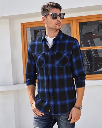 Image of WARHORSEE Flannel Shirt for Men Long Sleeve Button Down Plaid Shirts | Soft Cotton Blend for Multi-season Wear, Lightweight yet Warm, Dual buttoned storage pockets, Machine Washable Easy Care