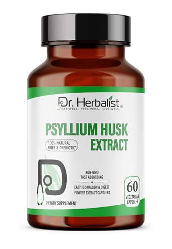 Dr. HERBALIST Psyllium Husk Extract 1000mg Per Serving (Plantago Ovata Fiber Supplement)– 60 Veg Capsules – Fast Absorption, Gentle on Stomach, Supports Digestion & Daily Fiber.