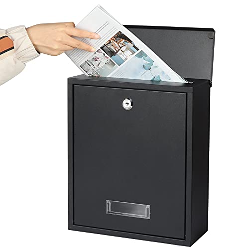 Image of Jssmst Locking Mailbox Wall Mount Key Lock Drop Box Large Capacity with Galvanized Steel Cover and Rust-Proof Metal Post Box, Black Matt, SM-0702LK,Medium
