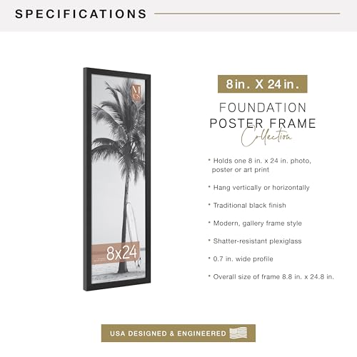 Image of MCS Foundation 8x24 Poster Frame Traditional Black, Vertical & Horizontal Wall Hanging Large Picture Frame for Photos, Panoramics, Posters & Art Prints (1-Pack)
