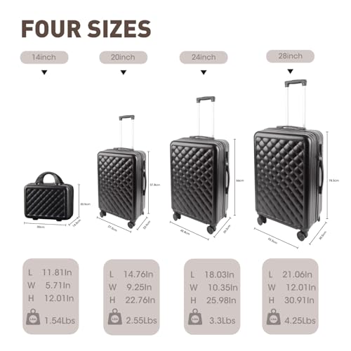 Alivio 4 Piece Luggage Set, Lightweight Hard Shell ABS Suitcase, 3-Stage Adjustable Telescopic Handle Trolley 14, 20, 24, 28in (Black) - Image 6