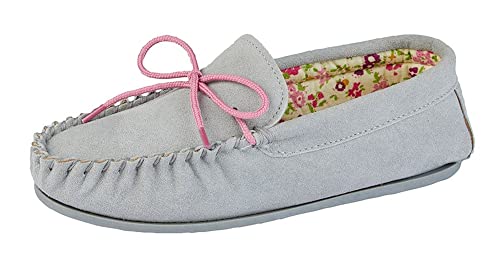 Ladies Real Suede Leather Moccasin with Hardwearing Sole (6 UK, Grey)