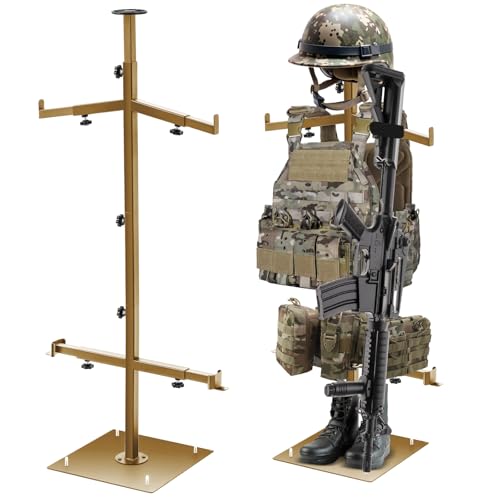 Yaocom Tactical Gear Stand Heavy Duty Body Armor Vest Hanger Helmet Holder Belt Rack Adjustable Plate Carrier Display Organizer for Law Enforcement Military(Tan Color Square Base)