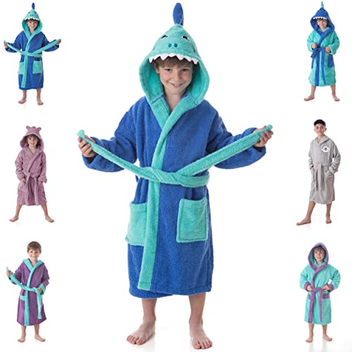 DHESTIA HOME - Albornoz Niños Infantil y Juvenil Adolescentes 100% Algodón Capucha y Bolsillos - Color Shark-Boy Blue, Talla Talla 6/8 Años