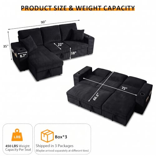 Image of 90 Inch Modular Sectional Sleeper Sofa Bed, 4 in 1 Pull Out Couch Bed with Reclining Backrest | Reversible Storage Chaise | Wide Armrest | Tool Free Assembly, Chenille Fabric, Corduroy Black