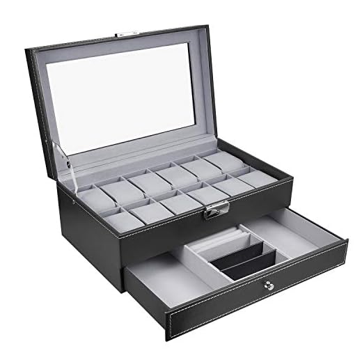 Hossejoy Leather Watch Box 12 Mens Watch Organizer with Jewelry Display Drawer Lockable Watch Case Organizer, Black