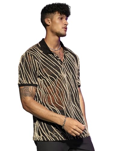 WDIRARA Men's Marble Print Glitter Mesh Sheer Collared Short Sleeve Tee Top Striped Party T Shirt