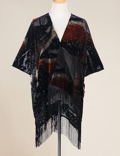 Image of MJ SERECA Women's Burnout Velvet Kimono Cardigan Cover Up with Tassel