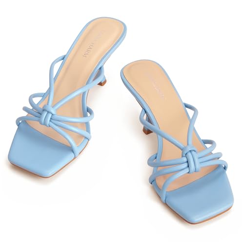 Image of Women's Strappy Square Open Toe Kitten Heels Sandals Knotted Design Summer Fashion Slip On Mule Style