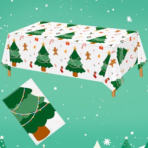 Image of Hxezoc Disposable Plastic Christmas Tree Tablecloth, 54 x 108 Inches Christmas Party Table Cover for Xmas Winter Holiday New Year Home Dinner Decorations