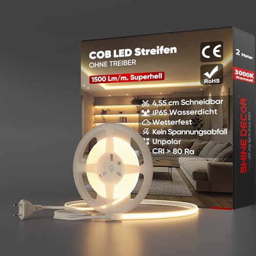 Shine Decor COB LED Streifen 2m, AC 220V 230V IP65 Wasserdicht LED Band, SMD2025 286 leds/m Ultrahohe Helligkeit Lichtleiste für Küche Garten LED Beleuchtung (2M, Warmweiß, CE Zertifiziert)