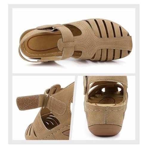 Women's Platform Wedge Sandals, Retro Adjustable Ankle Strap Closed Toe Vintage Hollow Wedge Sandals, Soft Leather Thick Sole Premium Anti Slip Shoe, for Family, Travel, Beach, Meeting3