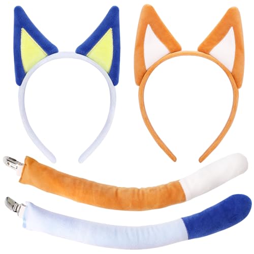SALACOOL 4 Pcs Dog Ears and Tail Set for Adult Plush Dog Ears Headband Halloween Costume Accessories Party Animal Cosplay Blue Orange